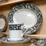 Sterling Renaissance Pattern • English Staffordshire Dinnerware Set. The pattern is Sterling Renaissance. 30 piece set: 8 plates, platter, sugar bowl, 4 cups & saucers, 3 cereal bowls, 8 dessert plates and serving bowls