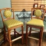 Pair of Rattan Bar Stools • Pair of Rattan bar stools with spring green pleather seats. Will snazz up any kitchen. Island or home bar.