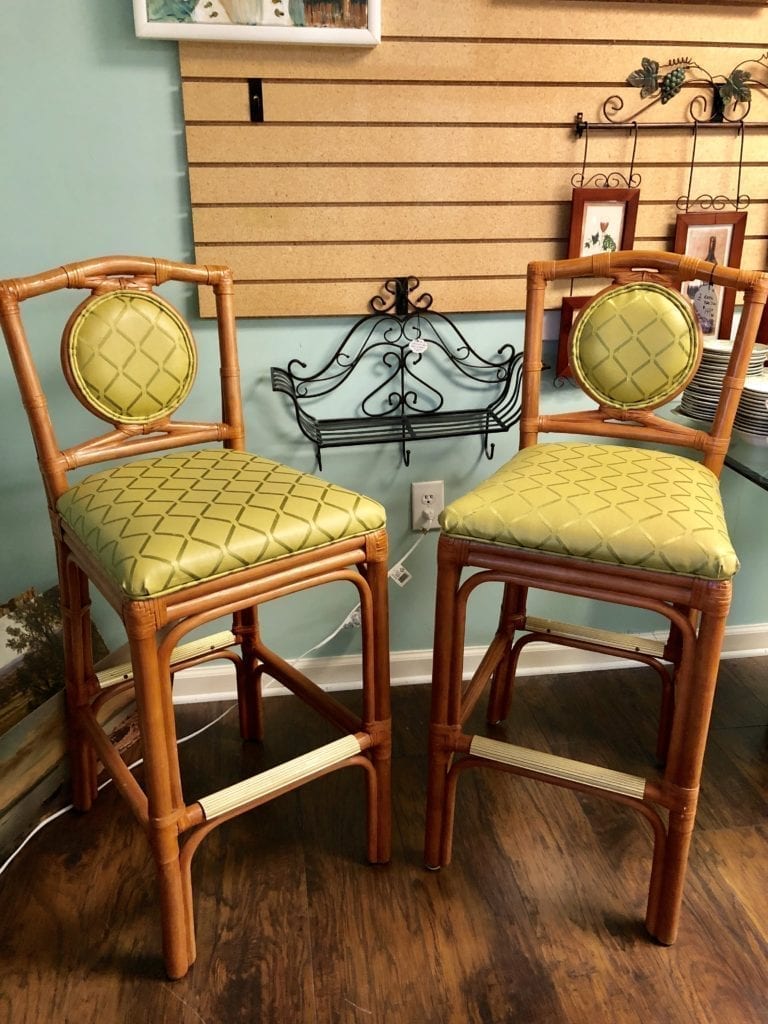 Pair of Rattan Bar Stools • Pair of Rattan bar stools with spring green pleather seats. Will snazz up any kitchen. Island or home bar.