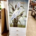 White Heron Cabinet • Unique white cabinet with a painted heron. One door and 2 drawers.