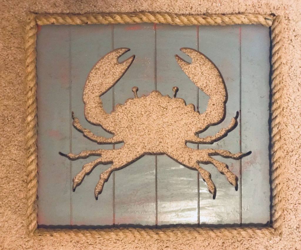 Coastal/Beachy Crab Themed Wall Art • Updated coastal/beachy decor. Fabulous indoors and sealed for outdoors. Measures 16”x18”. 
Available for pick up in Murrells Inlet, Garden City or will deliver for an additional fee.