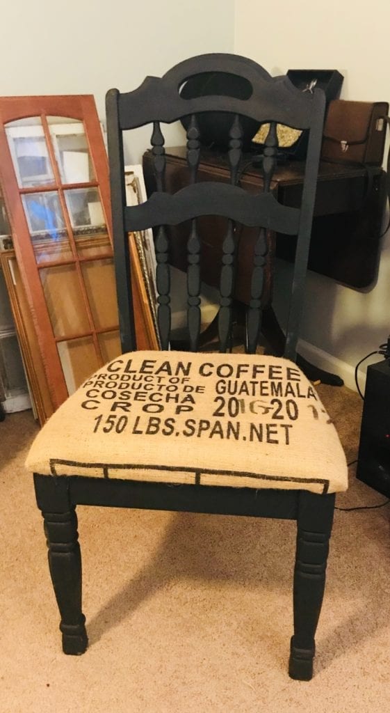 Dining/desk chair • ReDesigned dining chair. Perfect for extra seating in kitchen/dining area, oras desk chair for your kitchen office. RePurposed Burlap Coffee sack upholstery adds cool interest. 
Delivery available. 
More chairs available if you’re interested in a set.