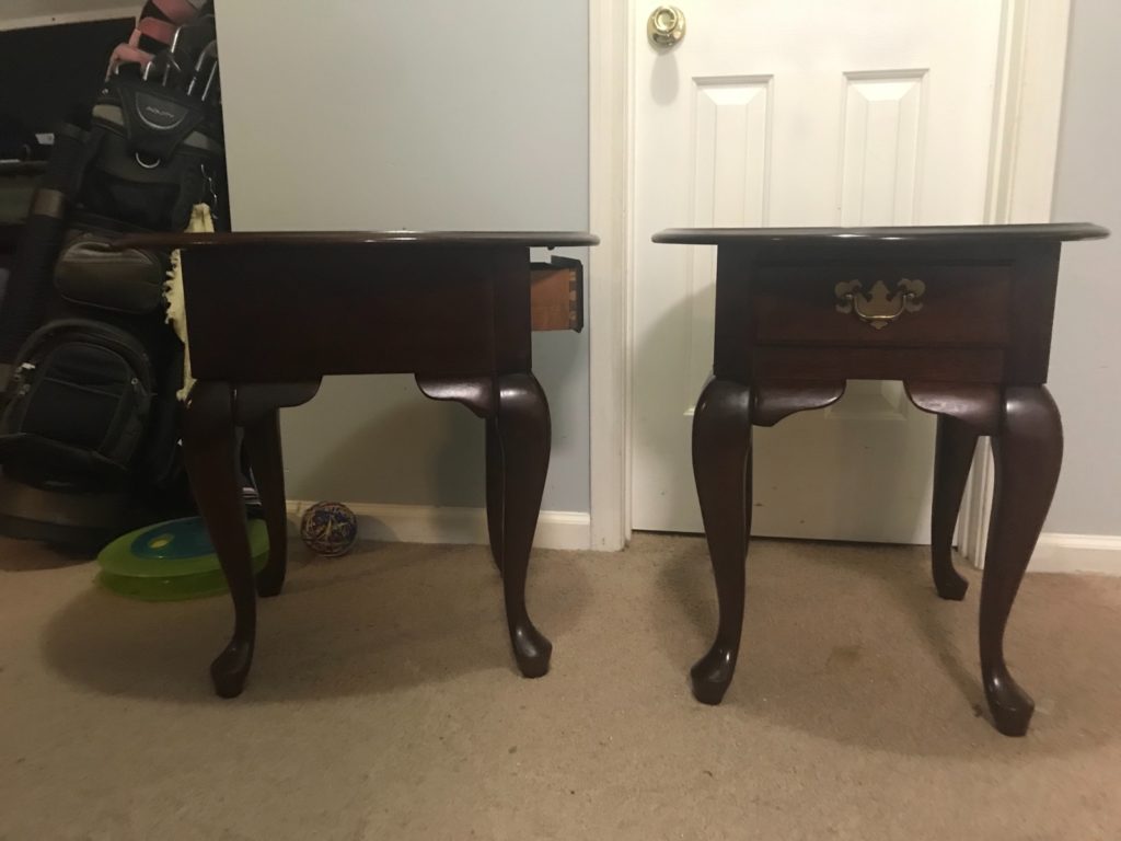 Pair of oval end tables. • Two beautifully designed well made end tables. Each has a drawer for extra storage. Tops measure 23”x26”, 23”h. 
Price is for the pair, but will separate. Matching coffee table available.